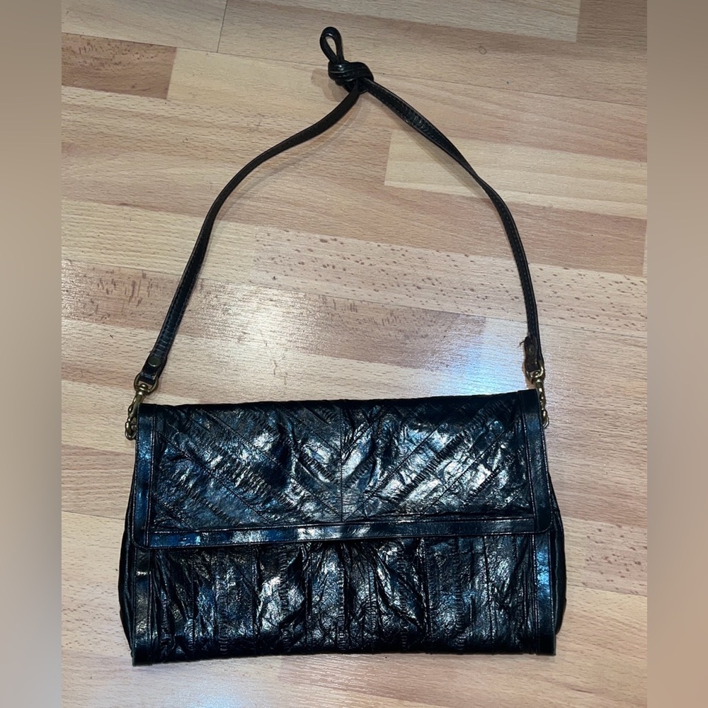 Vintage EEL Skin Leather Purse, Envelope, Clutch, Shoulder Bag, Black